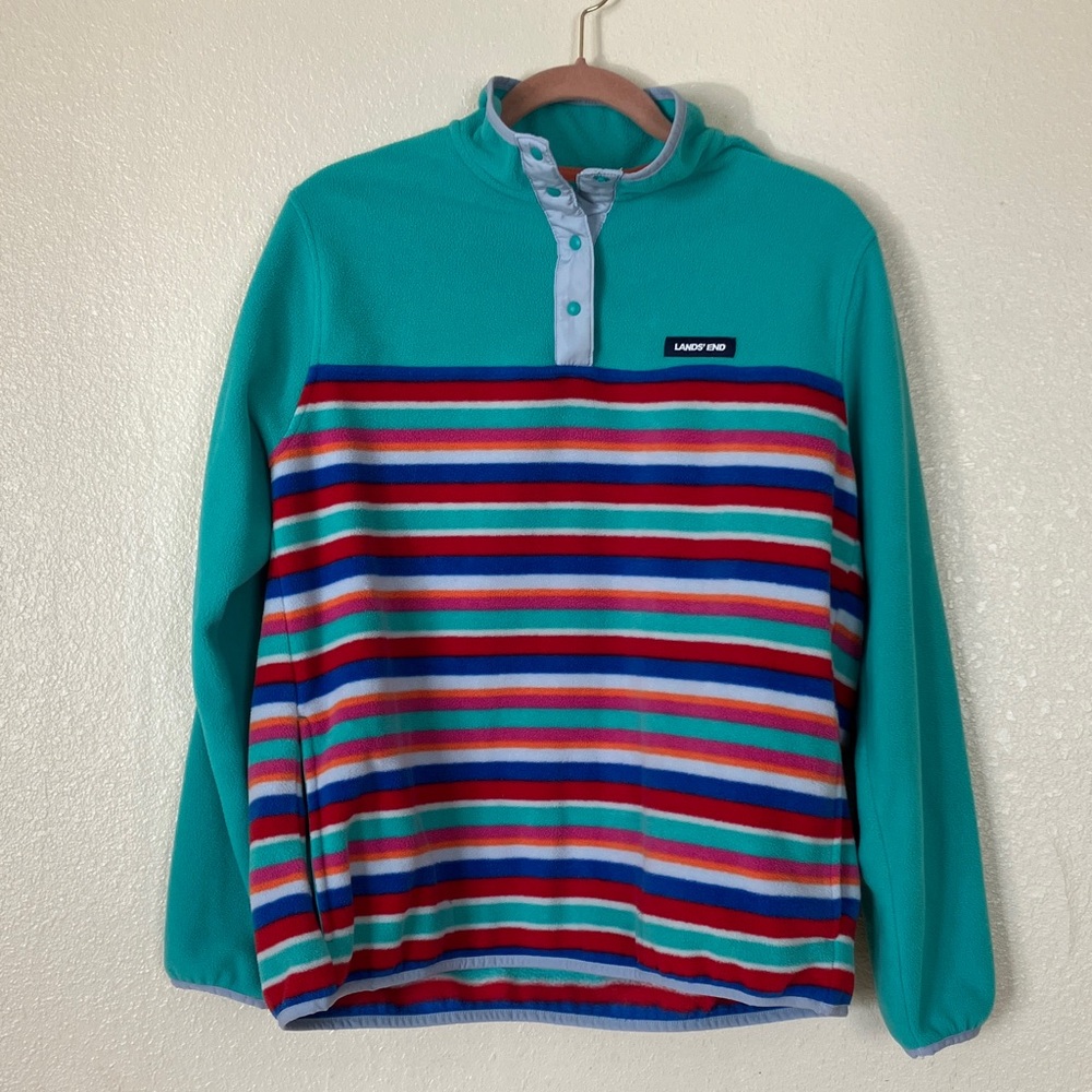 Lands' End Fleece Snap Neck Pullover Sweater, L